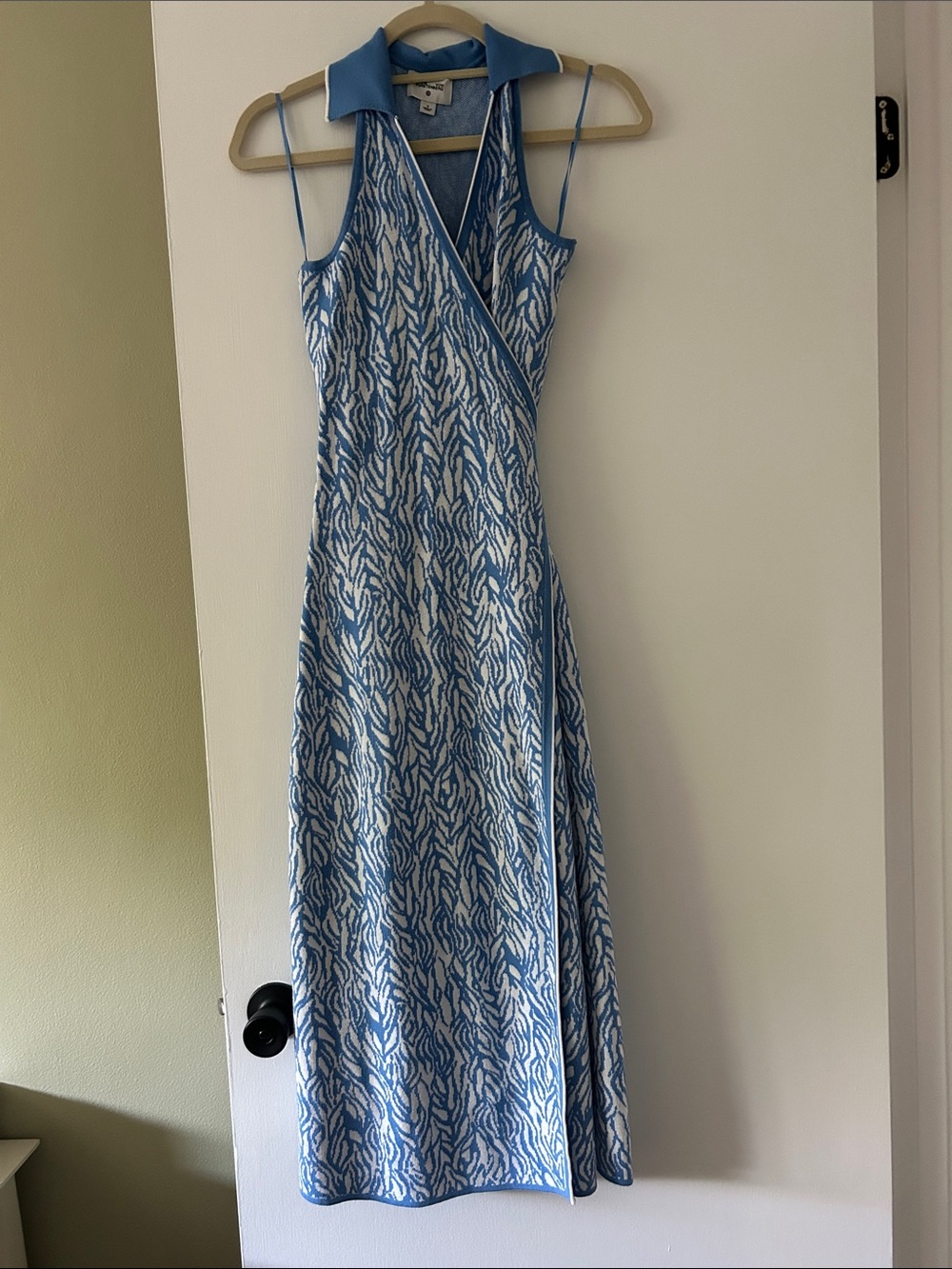 DVF Blue & White Sleeveless Wrap Maxi Dress with Collar